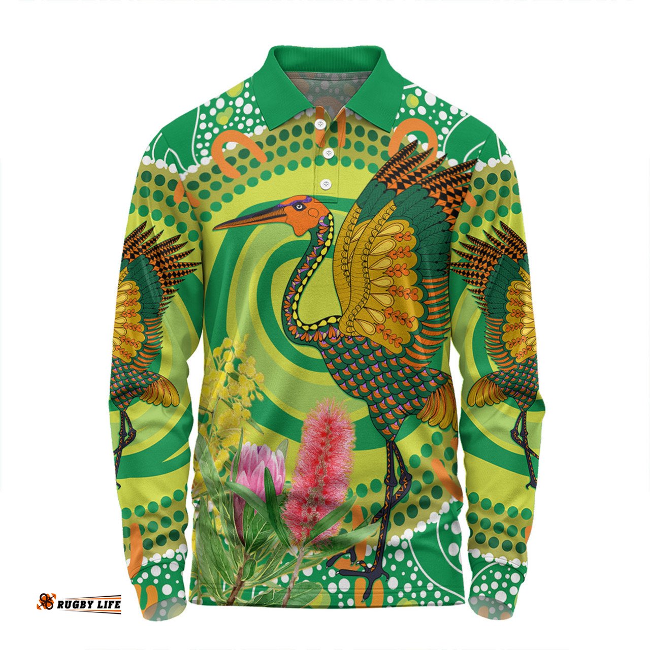 Amazing Aussie Australia Aboriginal Brolga Bird Dancing With Australia Native Flowers V2 Long Sleeve Polo Shirt