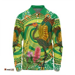 Amazing Aussie Australia Aboriginal Brolga Bird Dancing With Australia Native Flowers V2 Long Sleeve Polo Shirt