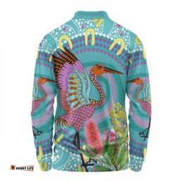 Amazing Aussie Australia Aboriginal Brolga Bird Dancing With Australia Native Flowers V3 Long Sleeve Polo Shirt