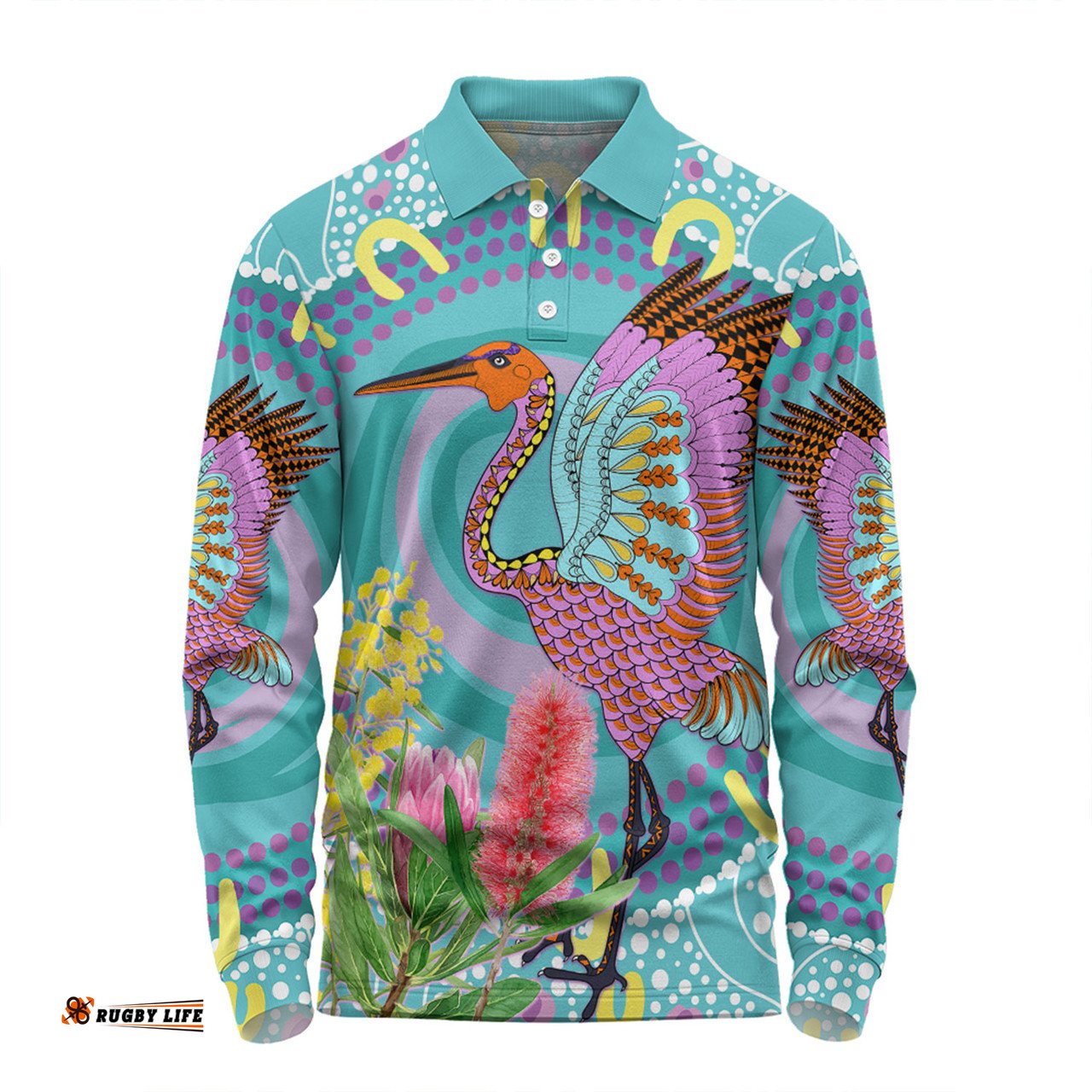 Amazing Aussie Australia Aboriginal Brolga Bird Dancing With Australia Native Flowers V3 Long Sleeve Polo Shirt