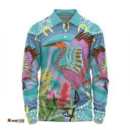 Amazing Aussie Australia Aboriginal Brolga Bird Dancing With Australia Native Flowers V3 Long Sleeve Polo Shirt