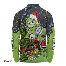 Canberra Raiders Christmas Custom Long Sleeve Polo Shirt - Let's Get Lit Chrisse Pressie Long Sleeve Polo Shirt