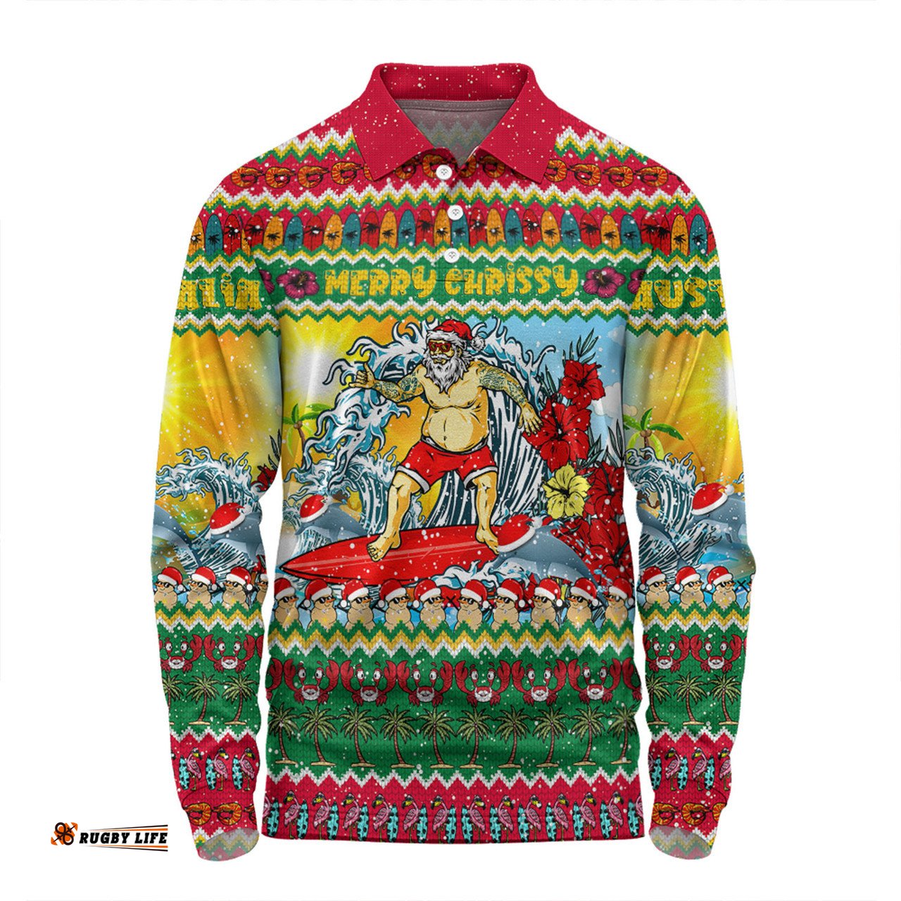 Amazing Aussie Australia Christmas Custom Surfing Santa Long Sleeve Polo Shirt
