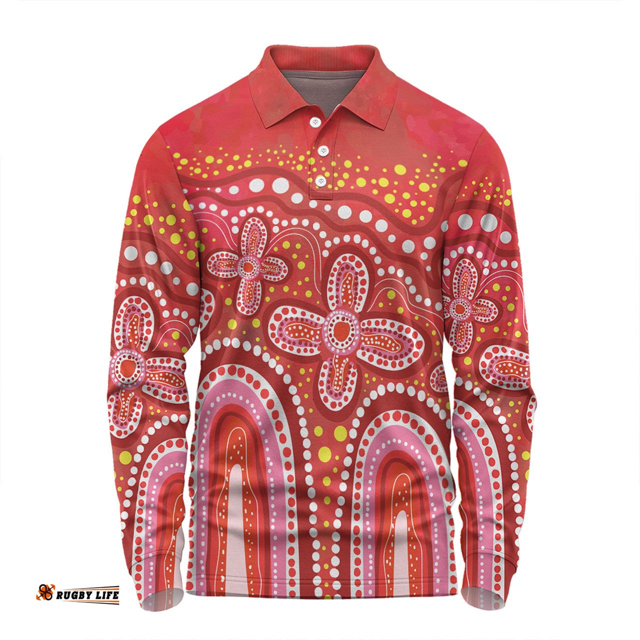 Amazing Aussie Australia Aboriginal Dot painting illustration in Aboriginal style Red Long Sleeve Polo Shirt