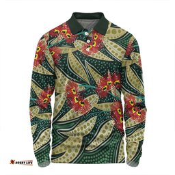 Amazing Aussie Australia Flowers Aboriginal Aboriginal Dot Art of Australian Native Eucalyptus Plant Long Sleeve Polo Shirt