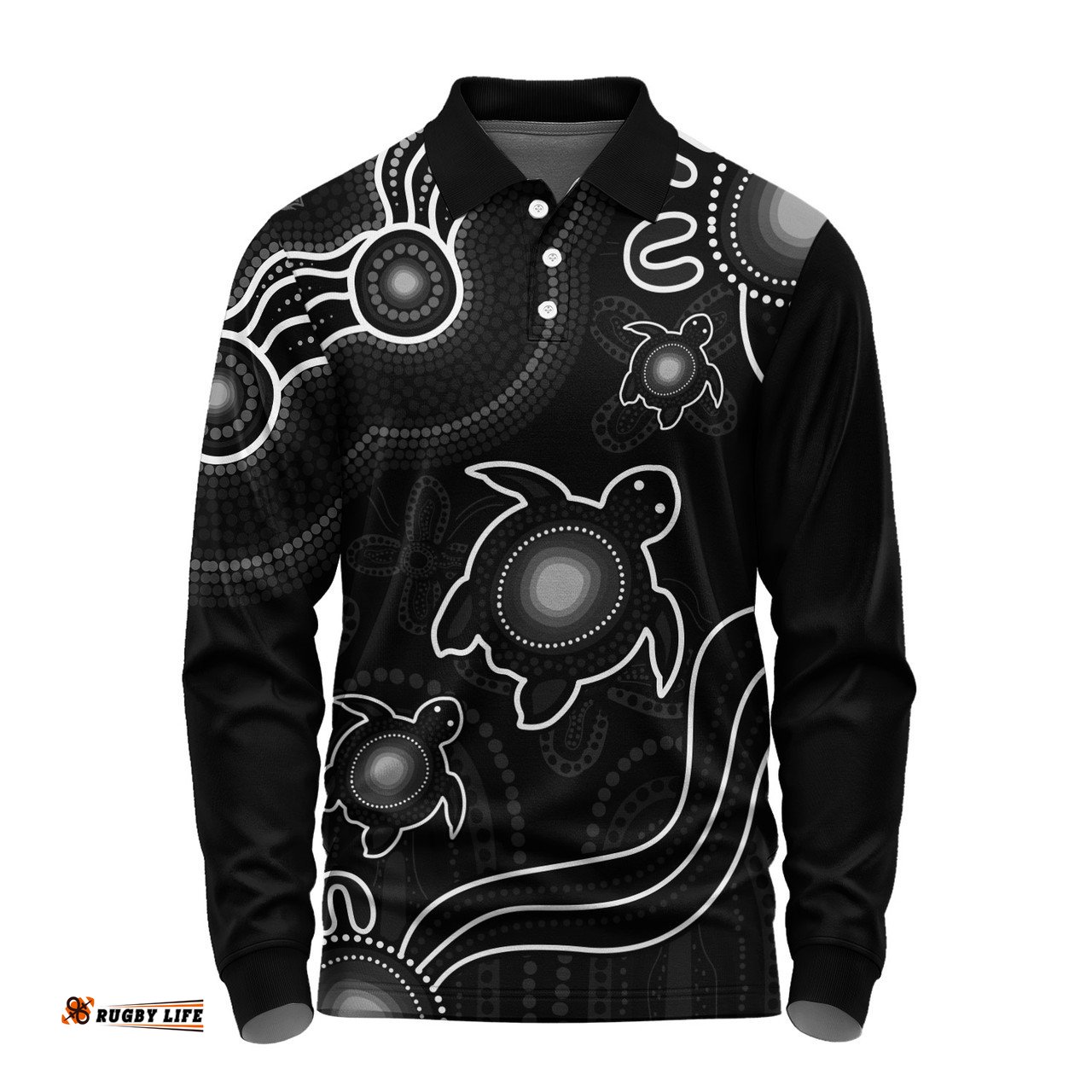Amazing Aussie Australia Aboriginal Turtle Dreaming Journey Featuring Dot Art Black Long Sleeve Polo Shirt