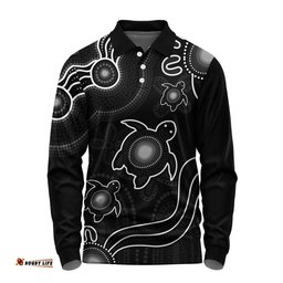 Amazing Aussie Australia Aboriginal Turtle Dreaming Journey Featuring Dot Art Black Long Sleeve Polo Shirt