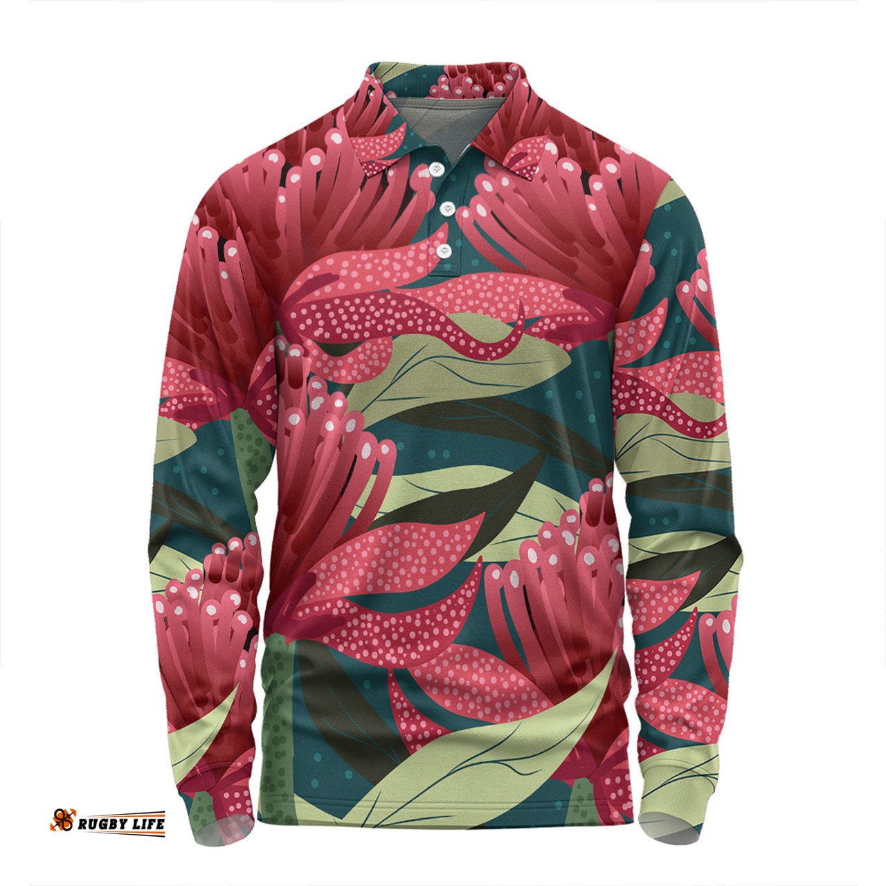 Amazing Aussie Australia Flowers Aboriginal Australian Waratah Flowers Painting In Aboriginal Style Long Sleeve Polo Shirt