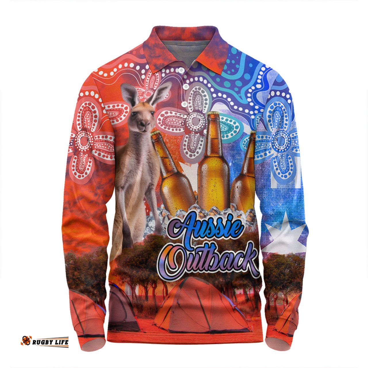 Amazing Aussie Australia Kangaroo Aboriginal Camping Custom Aussie Outback Camping with Beer Long Sleeve Polo Shirt