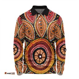 Amazing Aussie Australia Aboriginal Beautiful Dotted Leaves Aboriginal Art Background Long Sleeve Polo Shirt