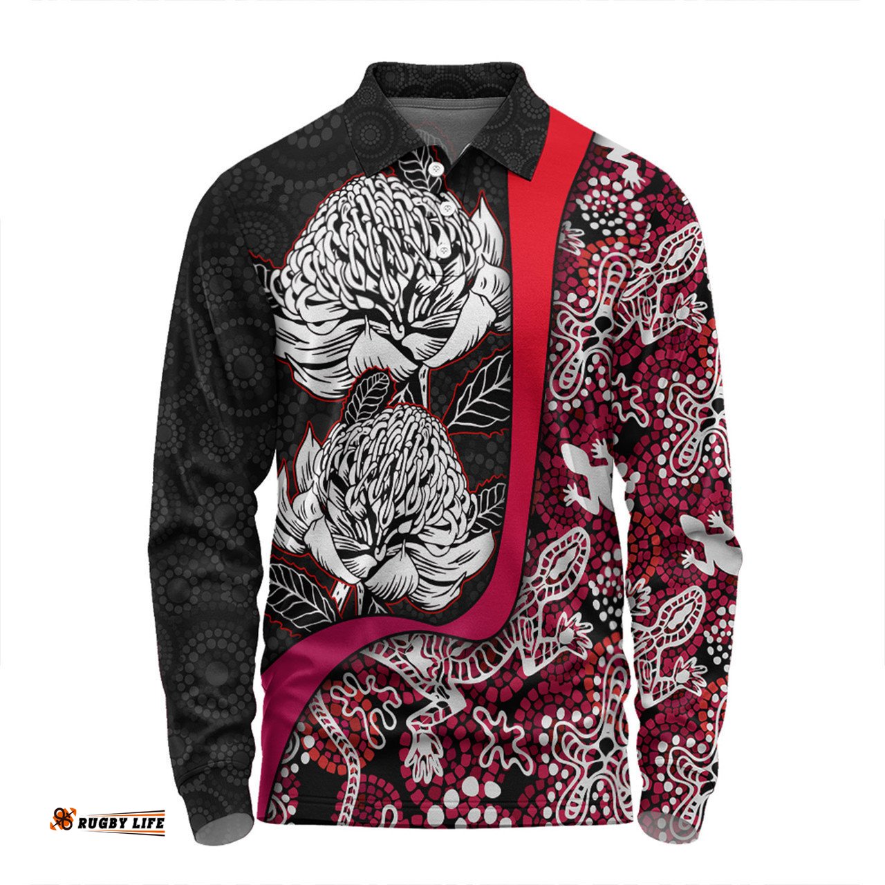 Australia  Warratah Goanna Aboriginal Long Sleeve Polo Shirt - Waratah Flowers With Red Lizards, Stones, Sand Dot Art Painting Inspired Long Sleeve Polo Shirt