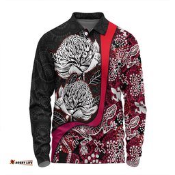 Australia  Warratah Goanna Aboriginal Long Sleeve Polo Shirt - Waratah Flowers With Red Lizards, Stones, Sand Dot Art Painting Inspired Long Sleeve Polo Shirt