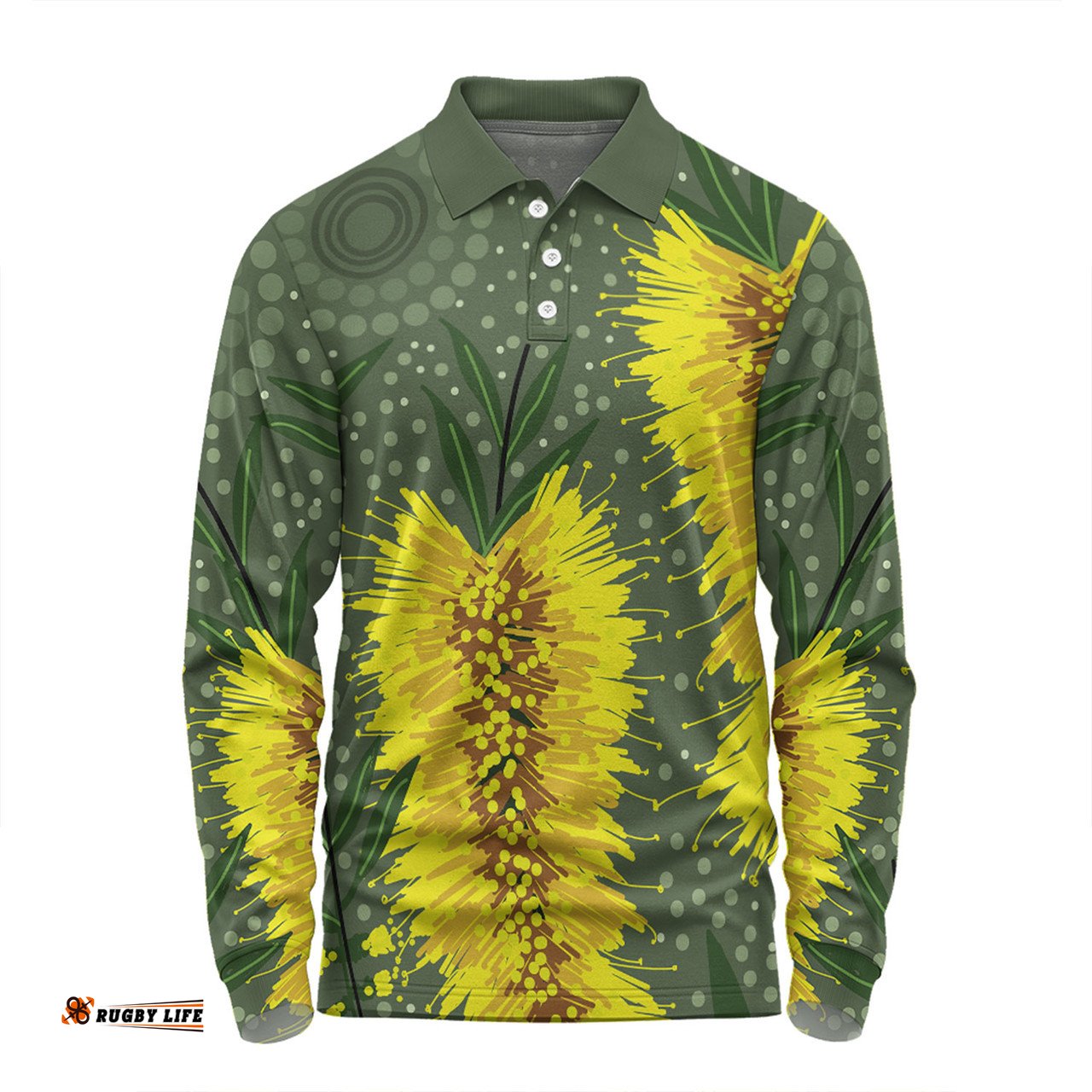 Amazing Aussie Australia Aboriginal Yellow Bottle Brush Flora In Aboriginal Painting Long Sleeve Polo Shirt