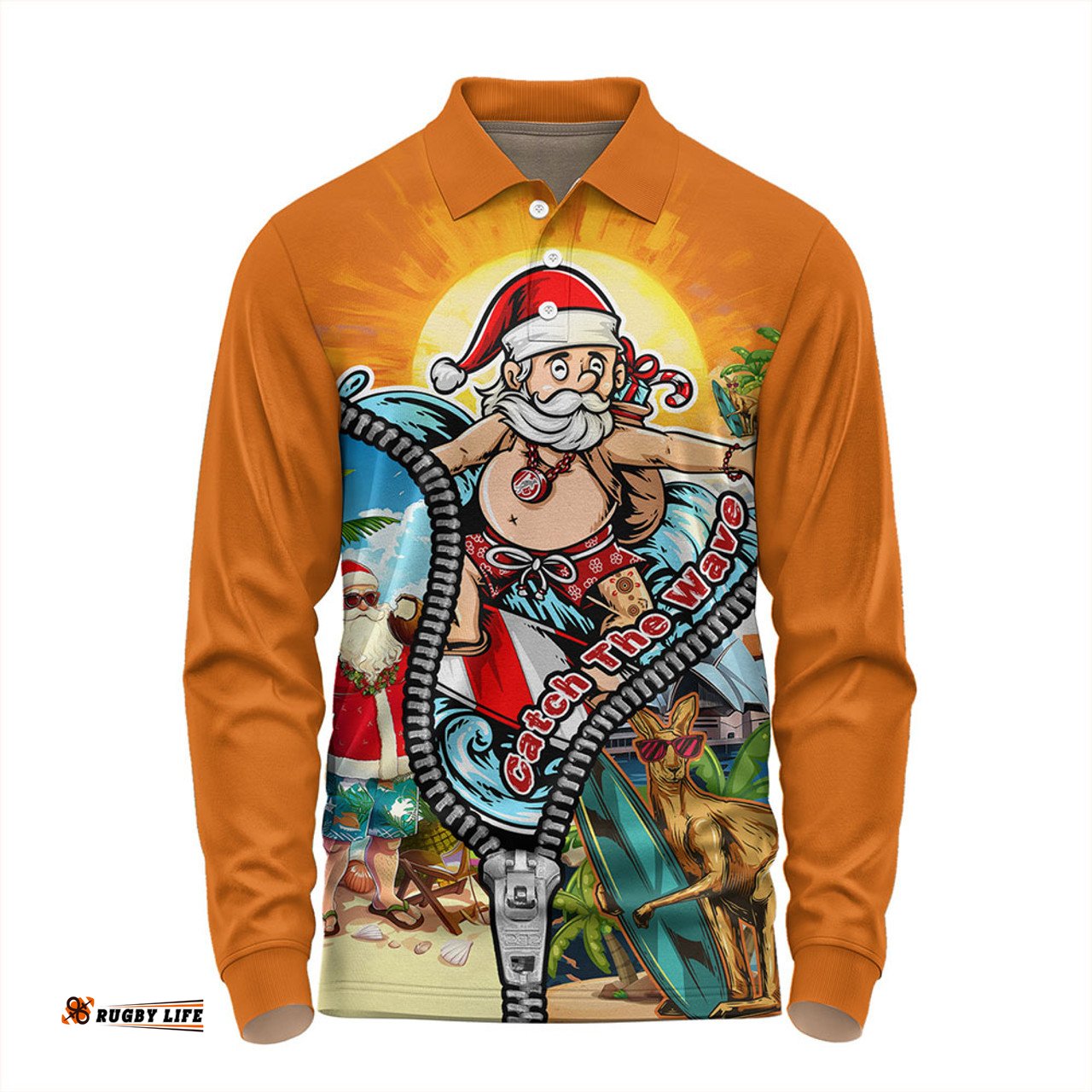 Amazing Aussie Australia Christmas Down Under Santa's Beach Escape Long Sleeve Polo Shirt
