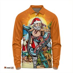 Amazing Aussie Australia Christmas Down Under Santa's Beach Escape Long Sleeve Polo Shirt