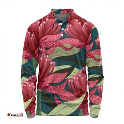Australia Flowers Aboriginal Long Sleeve Polo Shirt - Australian Waratah Flowers Painting In Aboriginal Style Long Sleeve Polo Shirt