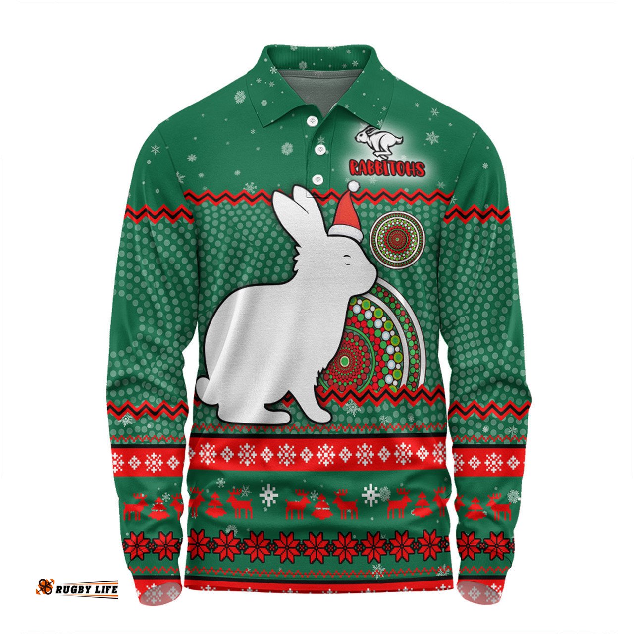 South Sydney Rabbitohs Custom Long Sleeve Polo Shirt - Ugly Xmas And Aboriginal Patterns For Die Hard Fan Long Sleeve Polo Shirt