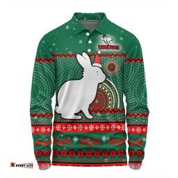 South Sydney Rabbitohs Custom Long Sleeve Polo Shirt - Ugly Xmas And Aboriginal Patterns For Die Hard Fan Long Sleeve Polo Shirt