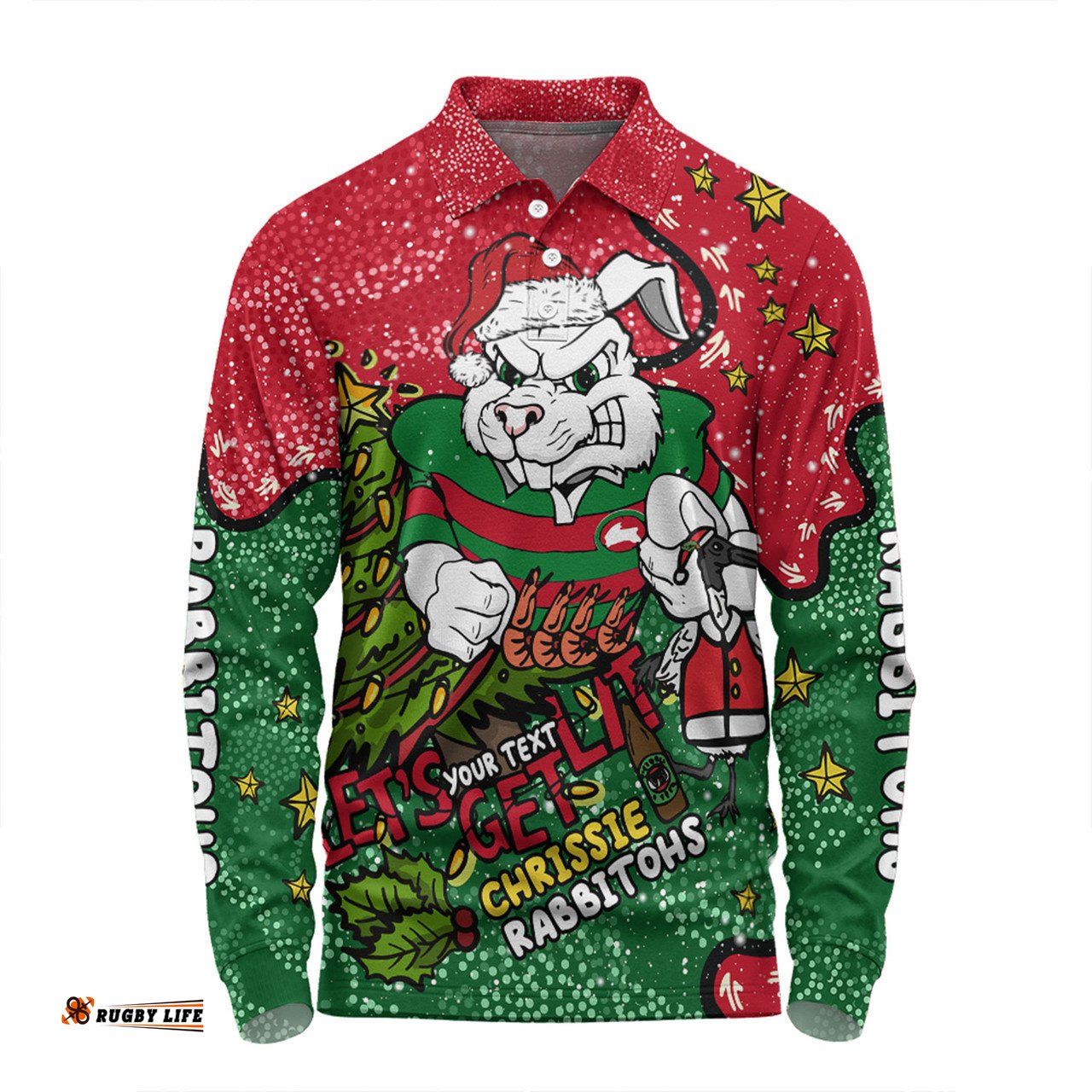 South Sydney Rabbitohs Custom Long Sleeve Polo Shirt - Let's Get Lit Chrisse Pressie Long Sleeve Polo Shirt