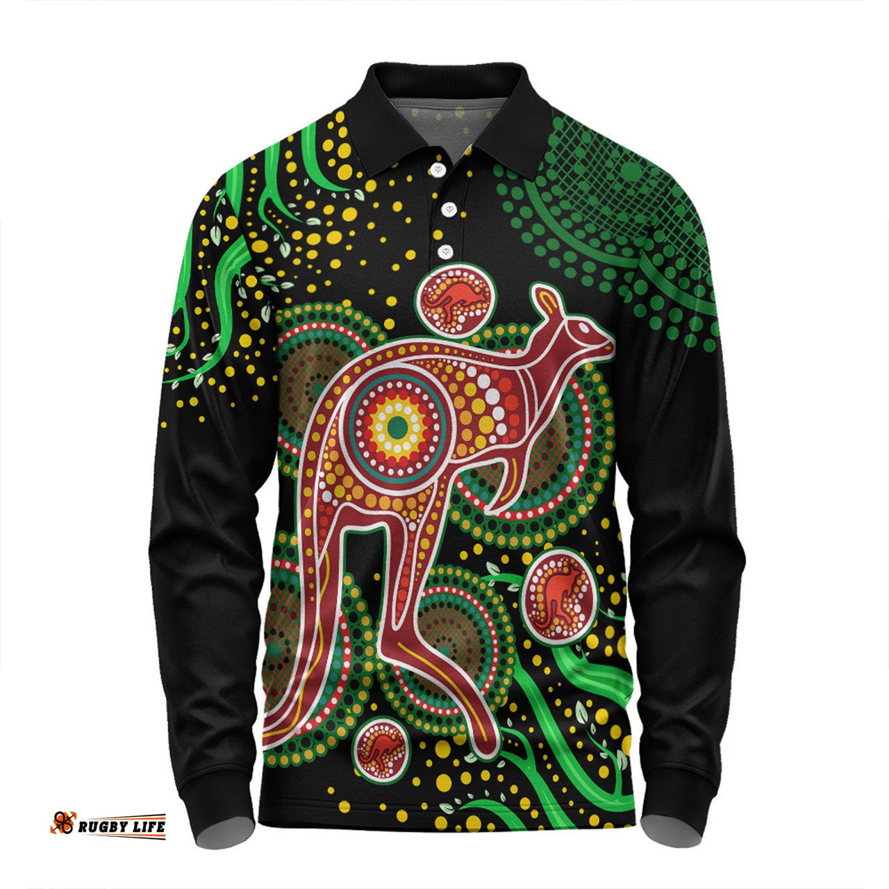 Australia Kangaroo Aboriginal Custom Long Sleeve Polo Shirt - Aboriginal Plant With Kangaroo Colorful Art Long Sleeve Polo Shirt
