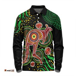 Australia Kangaroo Aboriginal Custom Long Sleeve Polo Shirt - Aboriginal Plant With Kangaroo Colorful Art Long Sleeve Polo Shirt