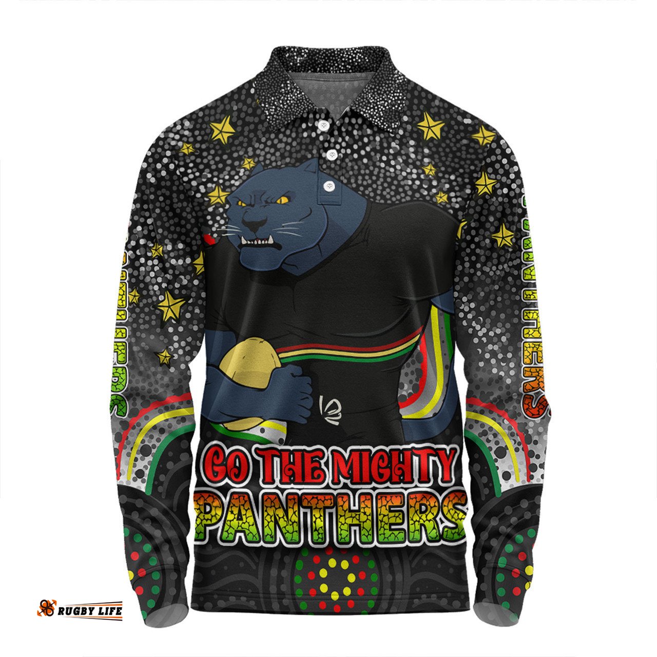 Penrith Panthers Custom Long Sleeve Polo Shirt - Custom With Aboriginal Inspired Style Of Dot Painting Patterns  Long Sleeve Polo Shirt