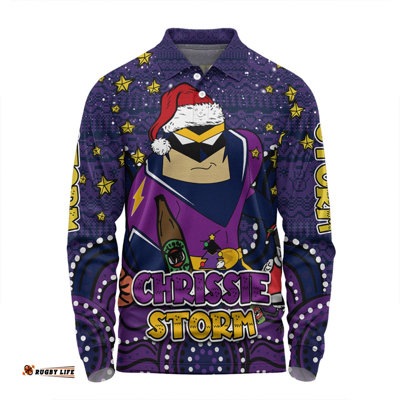 Melbourne Storm Christmas Custom Long Sleeve Polo Shirt - Christmas Knit Patterns Vintage Jersey Ugly Long Sleeve Polo Shirt