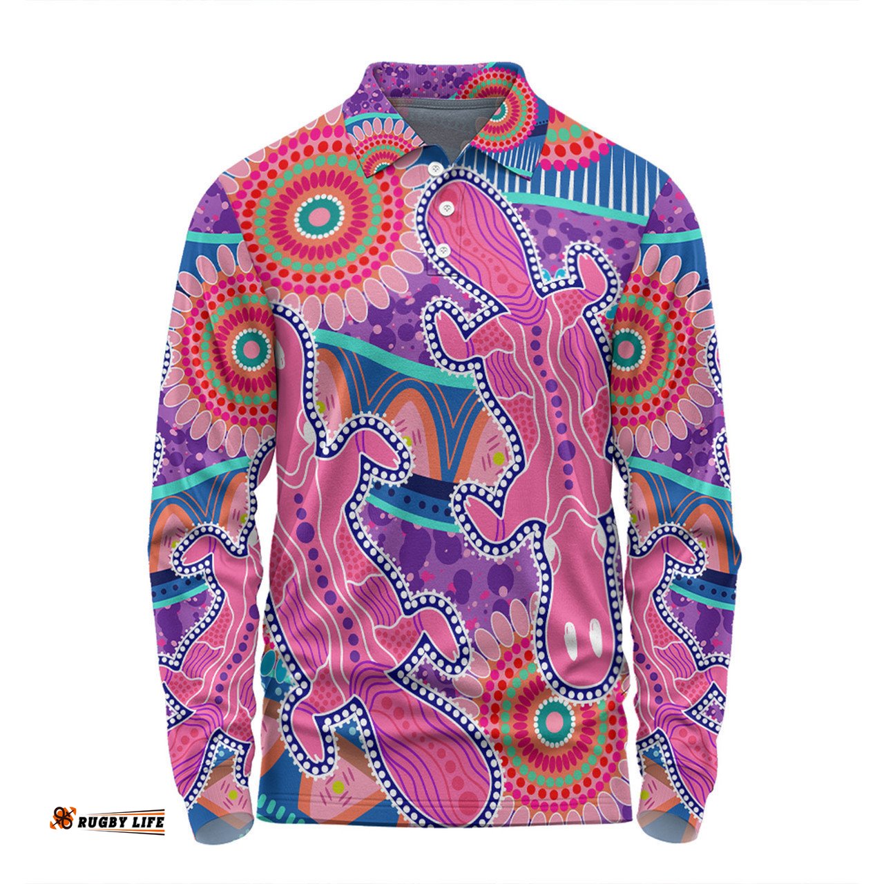 Australia Platypus Aboriginal Long Sleeve Polo Shirt - Pink Platypus With Aboriginal Art Dot Painting Patterns Inspired Long Sleeve Polo Shirt