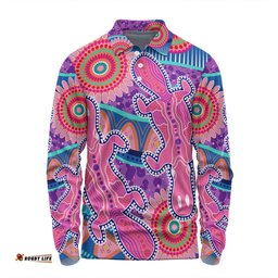 Australia Platypus Aboriginal Long Sleeve Polo Shirt - Pink Platypus With Aboriginal Art Dot Painting Patterns Inspired Long Sleeve Polo Shirt