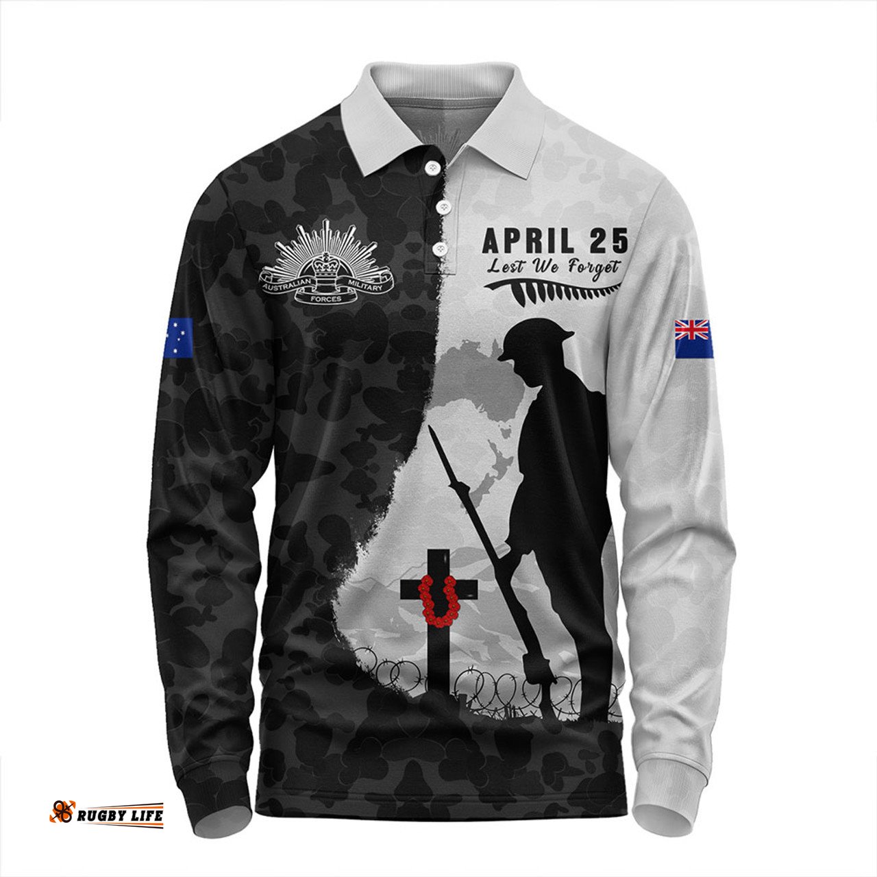 Amazing Aussie Australia Anzac Day Lest We Forget Black Grunge Style Long Sleeve Polo Shirt