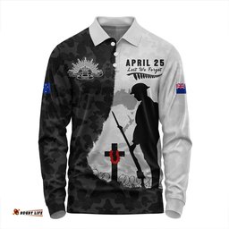 Amazing Aussie Australia Anzac Day Lest We Forget Black Grunge Style Long Sleeve Polo Shirt