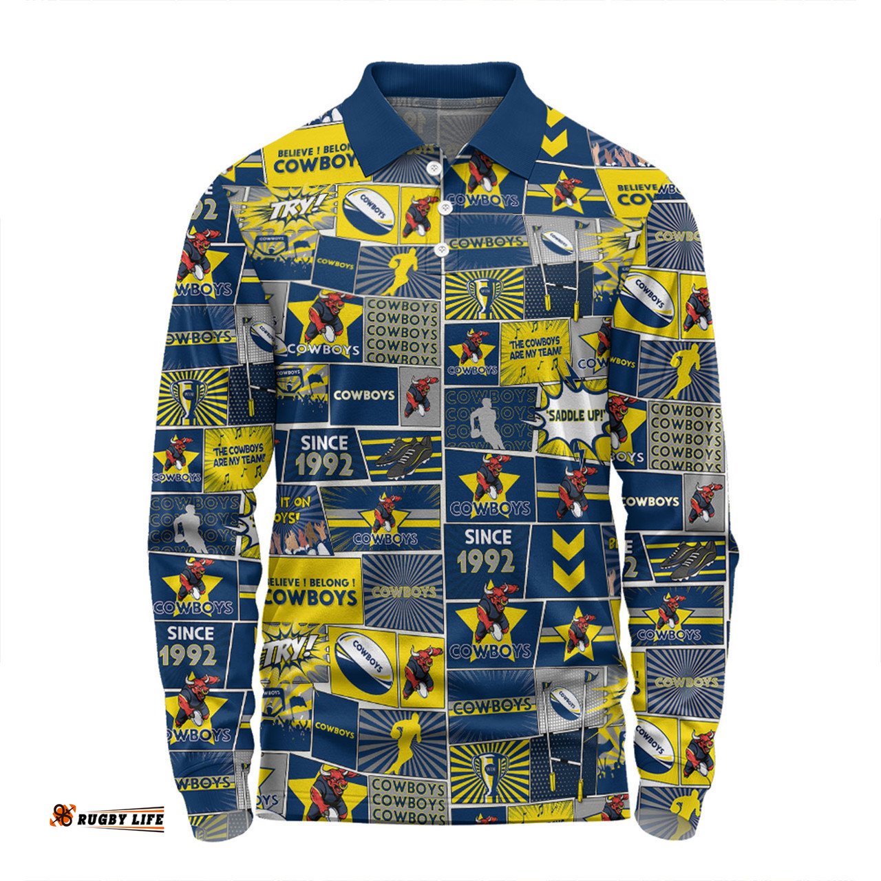 North Queensland Cowboys Long Sleeve Polo Shirt - Team Of Us Die Hard Fan Supporters Comic Style Long Sleeve Polo Shirt