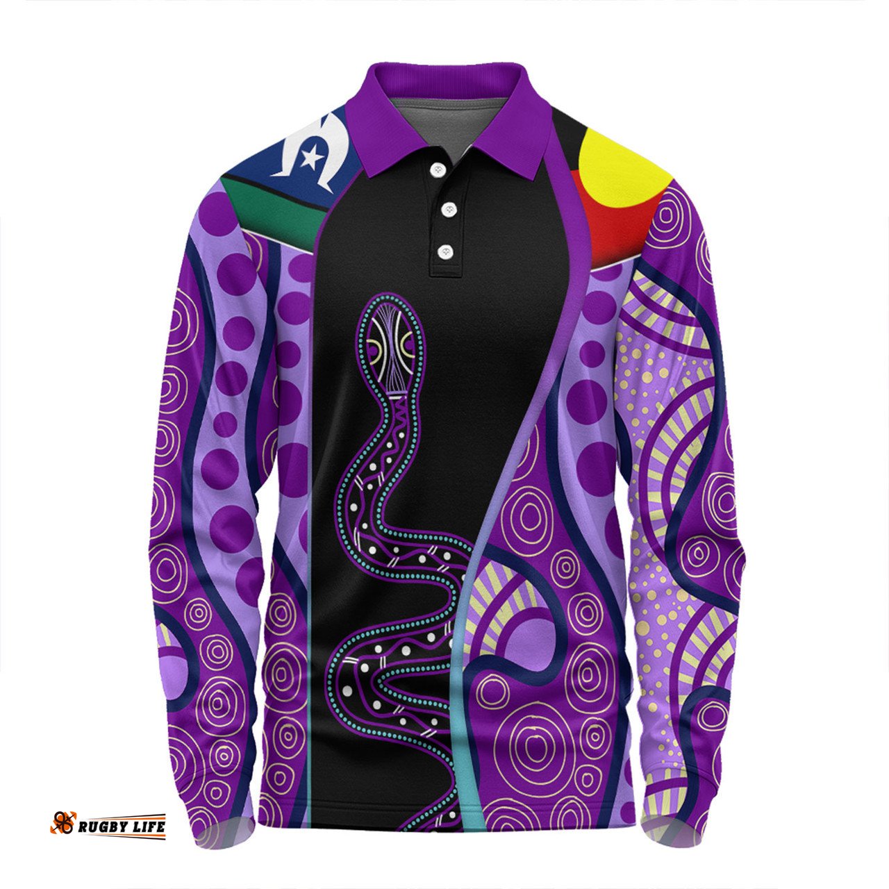Amazing Aussie Australia Aboriginal Custom Purple Indigenous Rainbow Serpent Inspired Long Sleeve Polo Shirt