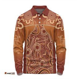 Amazing Aussie Australia Aboriginal Custom Brown Kangaroo In Aboriginal Dot Art Long Sleeve Polo Shirt