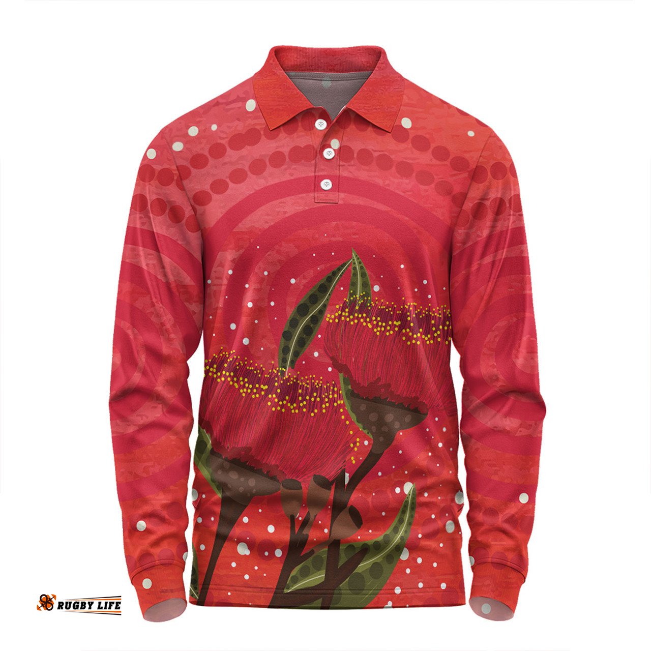 Amazing Aussie Australia Aboriginal Red Aboriginal Art With Eucalyptus Flowers Long Sleeve Polo Shirt