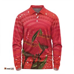 Amazing Aussie Australia Aboriginal Red Aboriginal Art With Eucalyptus Flowers Long Sleeve Polo Shirt