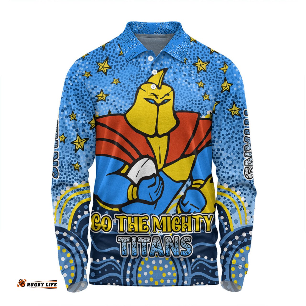 Gold Coast Titans Custom Long Sleeve Polo Shirt - Custom With Aboriginal Inspired Style Of Dot Painting Patterns  Long Sleeve Polo Shirt