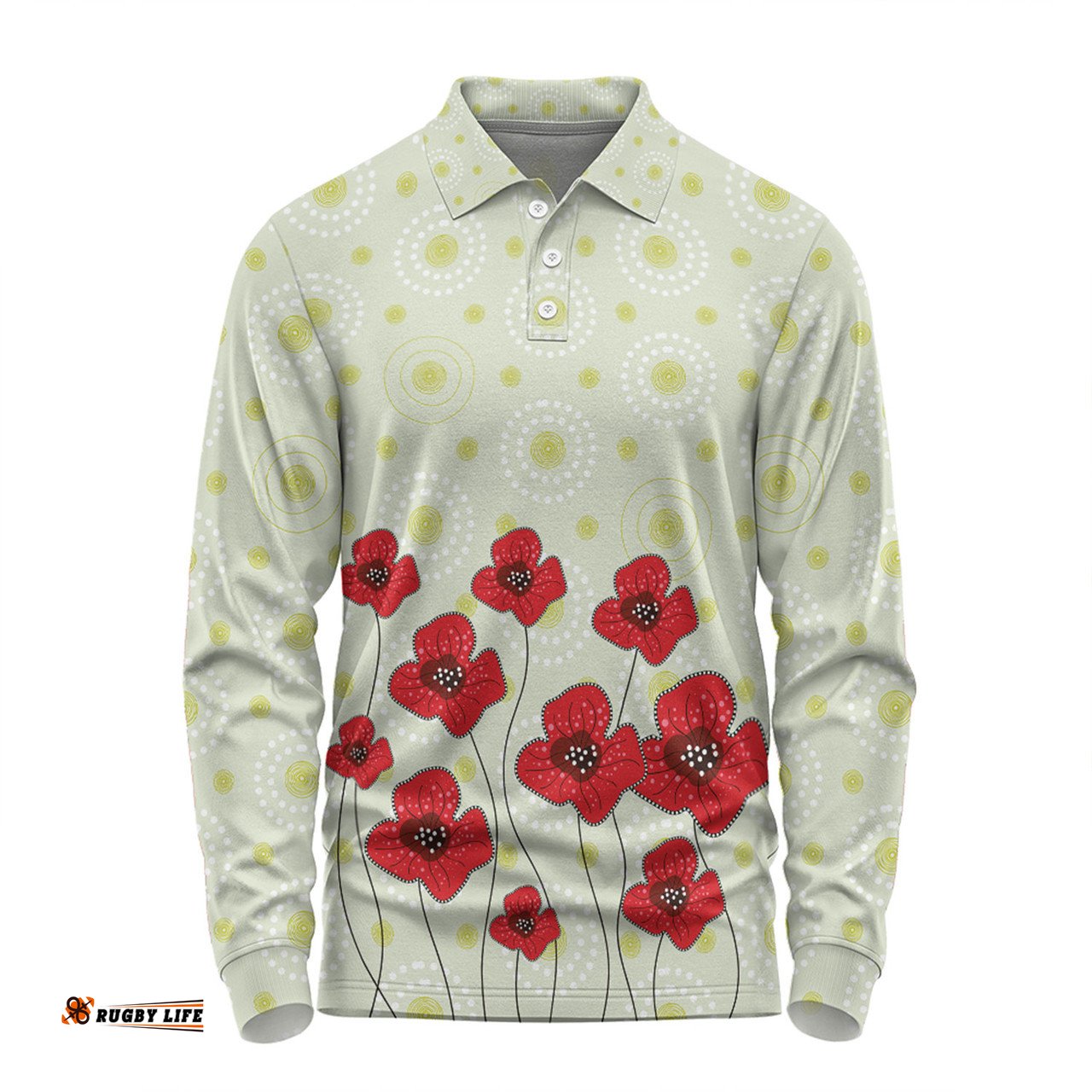 Amazing Aussie Australia Aboriginal Poppy Flowers Background In Aboriginal Dot Art Style Long Sleeve Polo Shirt