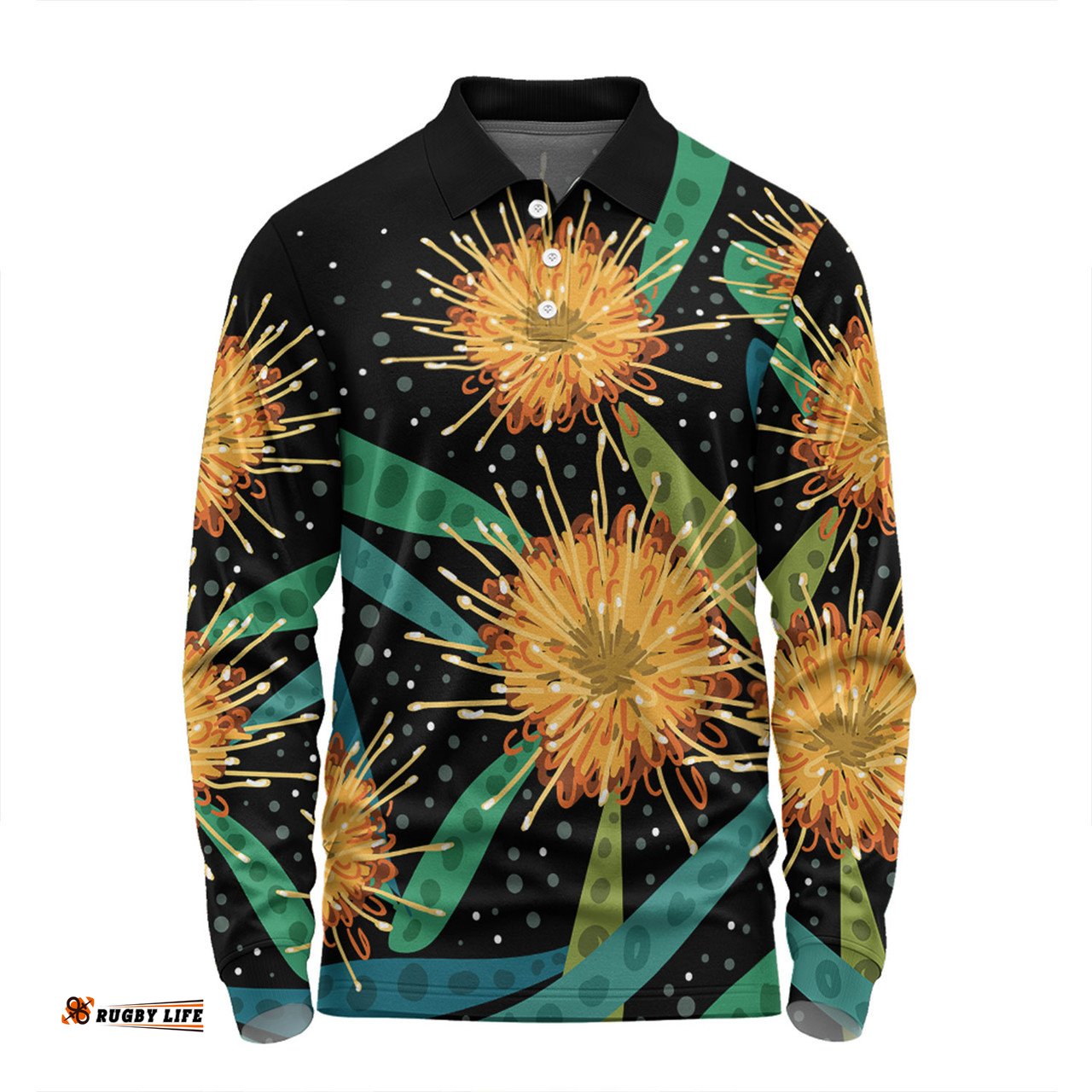 Amazing Aussie Australia Flowers Aboriginal Australian Yellow Hakea Flower Art Long Sleeve Polo Shirt