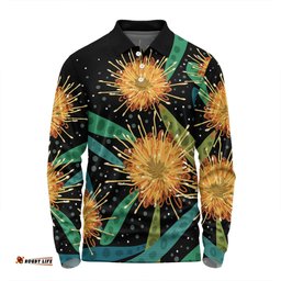 Amazing Aussie Australia Flowers Aboriginal Australian Yellow Hakea Flower Art Long Sleeve Polo Shirt
