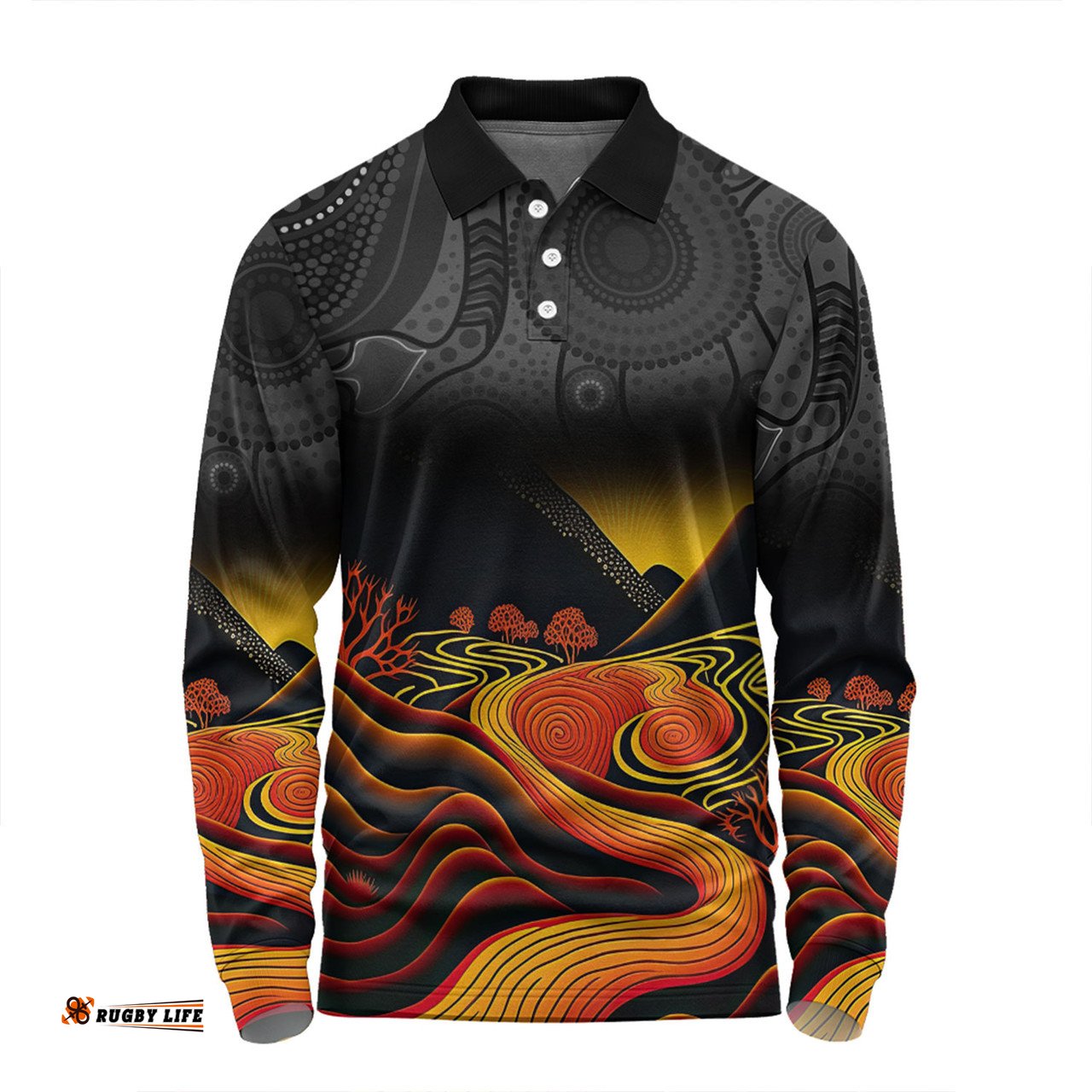 Amazing Aussie Australia Aboriginal Custom Rainbow Serpent Dreamtime Land Art Inspired Long Sleeve Polo Shirt