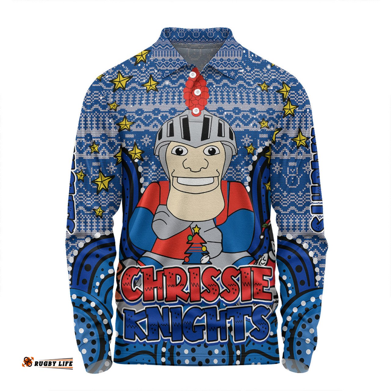Newcastle Knights Christmas Custom Long Sleeve Polo Shirt - Christmas Knit Patterns Vintage Jersey Ugly Long Sleeve Polo Shirt
