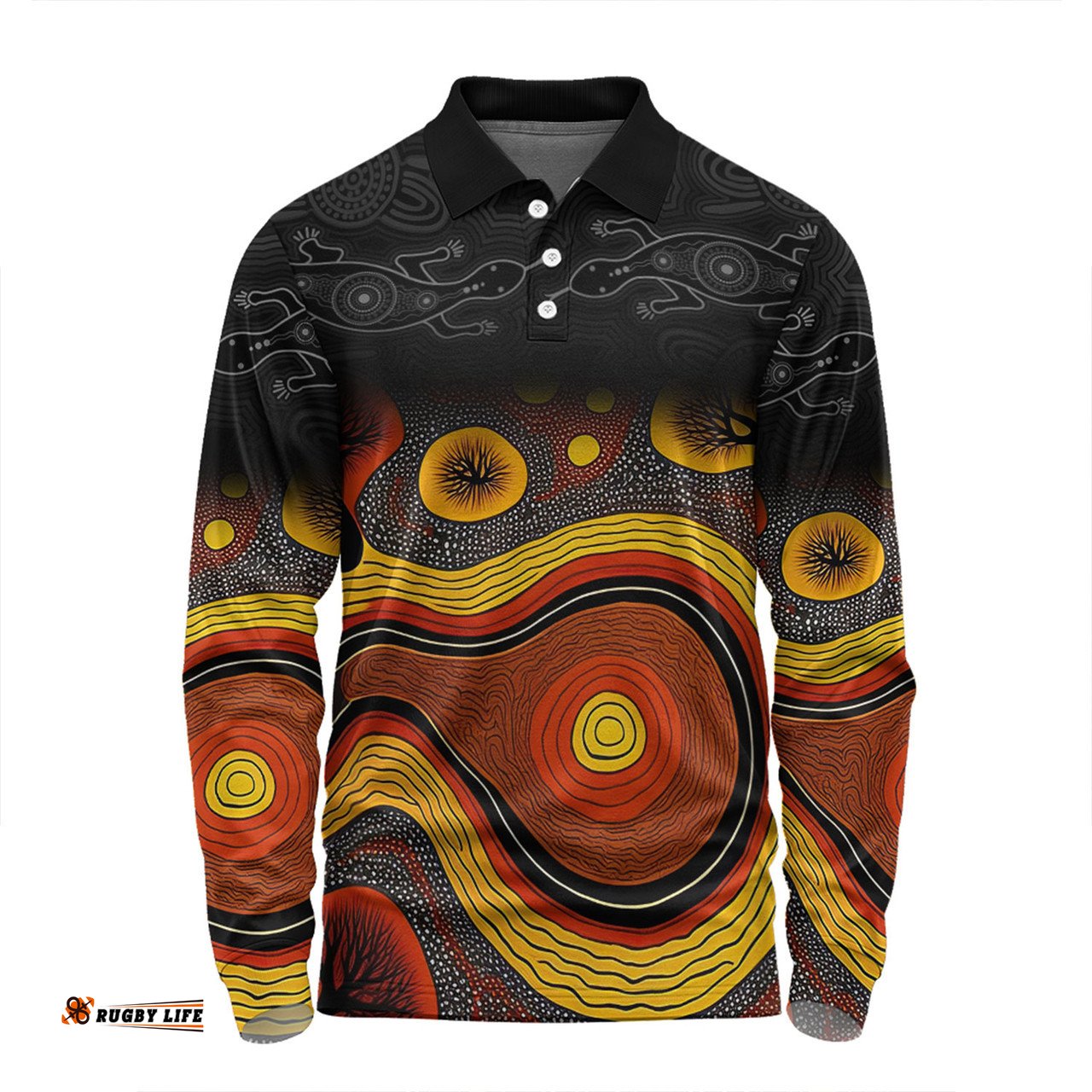 Amazing Aussie Australia Aboriginal Custom Dreaming Trees And Goanna In Dot Pattern Long Sleeve Polo Shirt