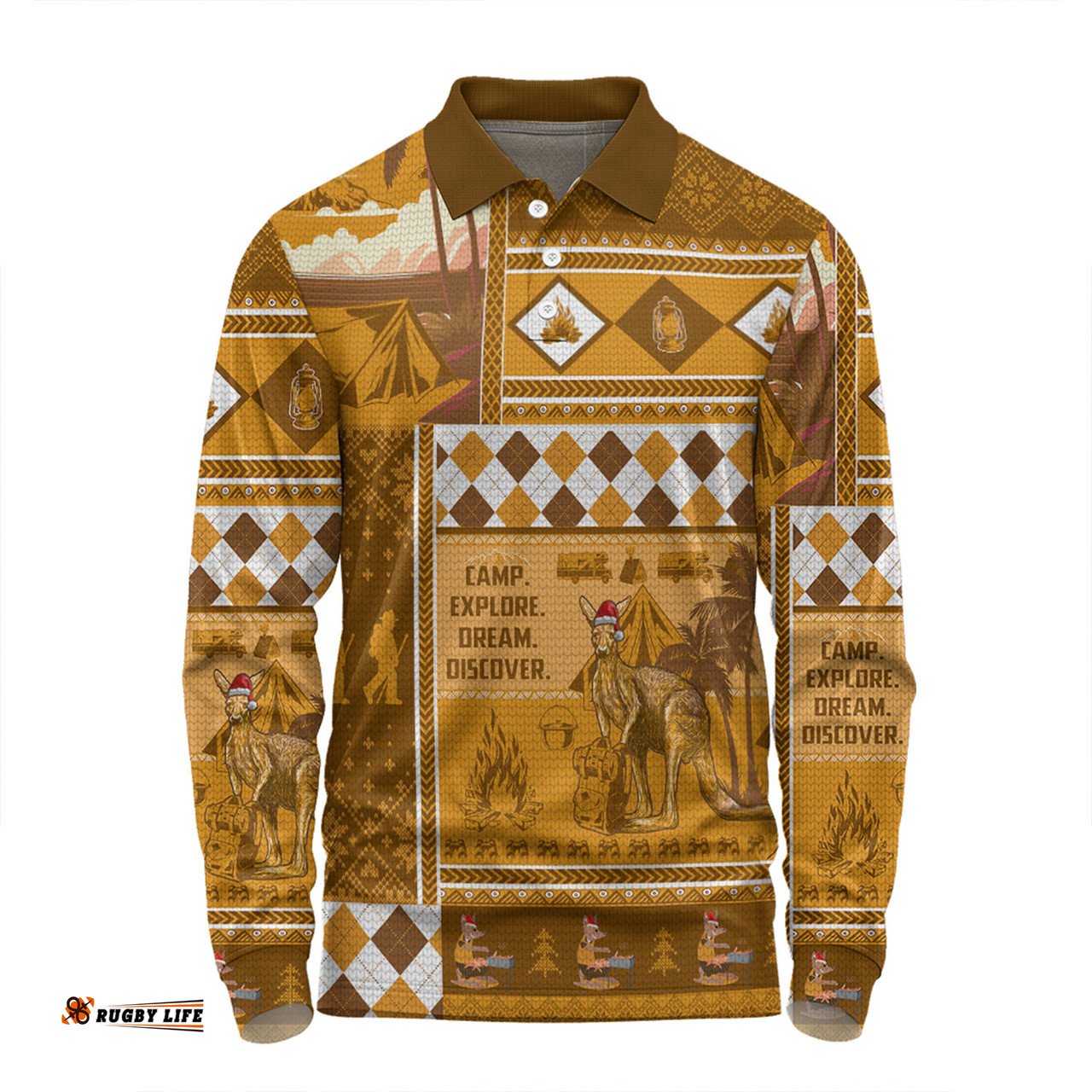 Amazing Aussie Australia Camping Christmas Xmas Camping With Kangaroo Vintage Long Sleeve Polo Shirt
