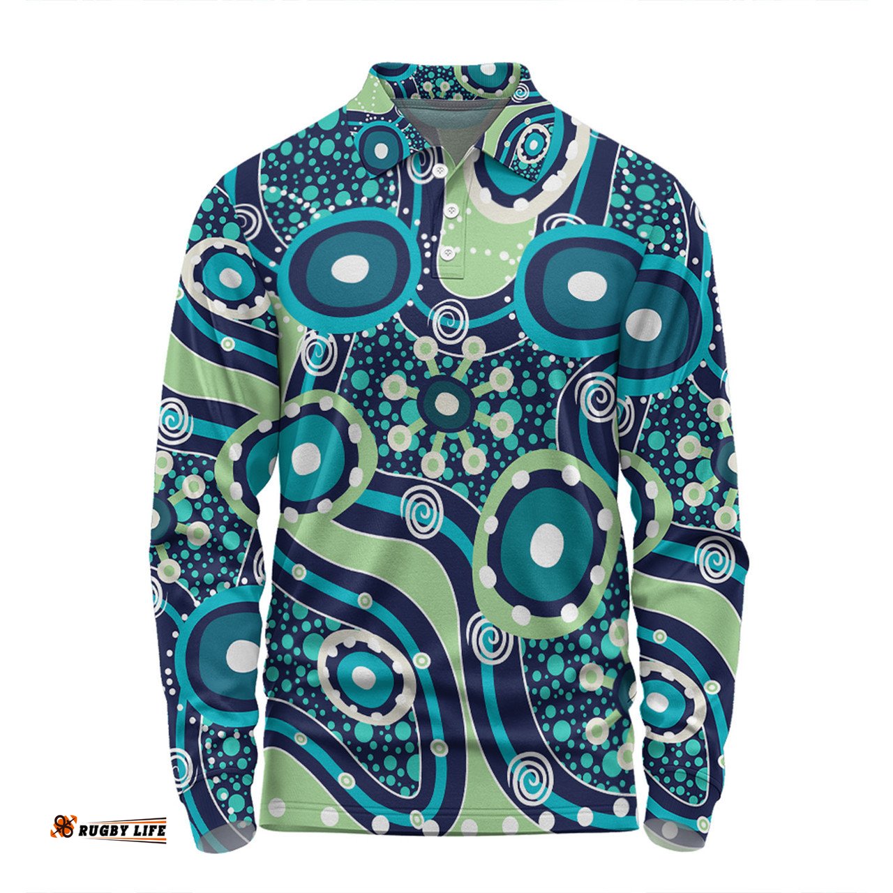 Amazing Aussie Australia Aboriginal Blue Aboriginal Dot Art Inspired Long Sleeve Polo Shirt