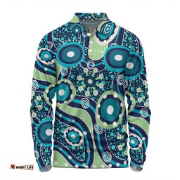 Amazing Aussie Australia Aboriginal Blue Aboriginal Dot Art Inspired Long Sleeve Polo Shirt