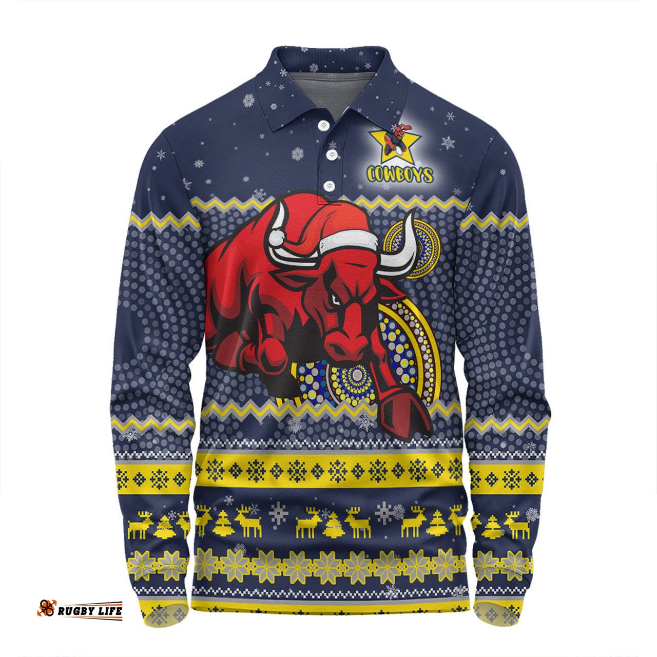 North Queensland Cowboys Christmas Custom Long Sleeve Polo Shirt - Ugly Xmas And Aboriginal Patterns For Die Hard Fan Long Sleeve Polo Shirt