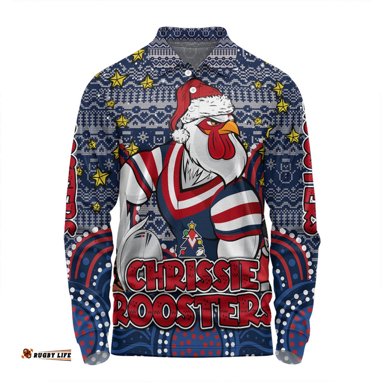Sydney Roosters Christmas Custom Long Sleeve Polo Shirt - Christmas Knit Patterns Vintage Jersey Ugly Long Sleeve Polo Shirt
