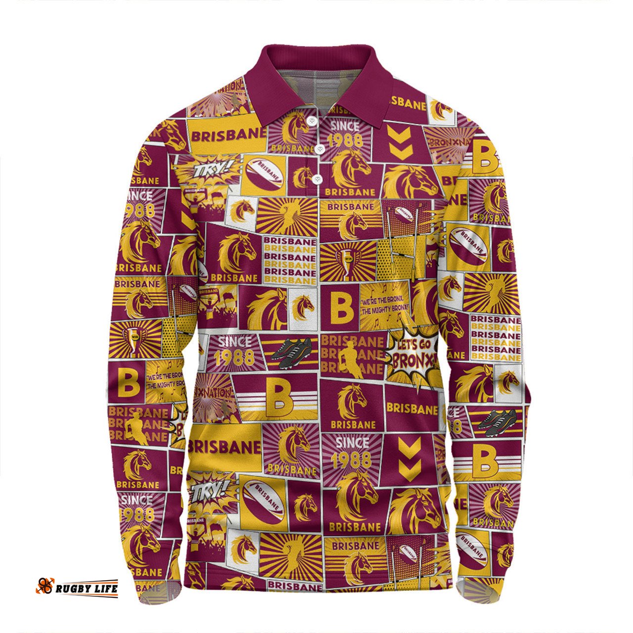 Brisbane Broncos Long Sleeve Polo Shirt - Team Of Us Die Hard Fan Supporters Comic Style Long Sleeve Polo Shirt
