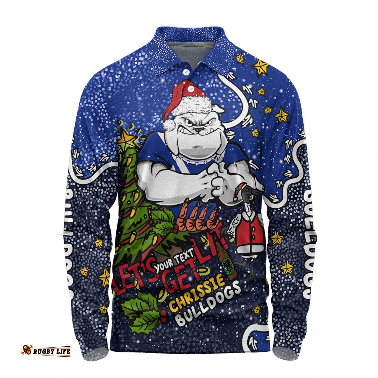 Canterbury-Bankstown Bulldogs Christmas Custom Long Sleeve Polo Shirt - Let's Get Lit Chrisse Pressie Long Sleeve Polo Shirt